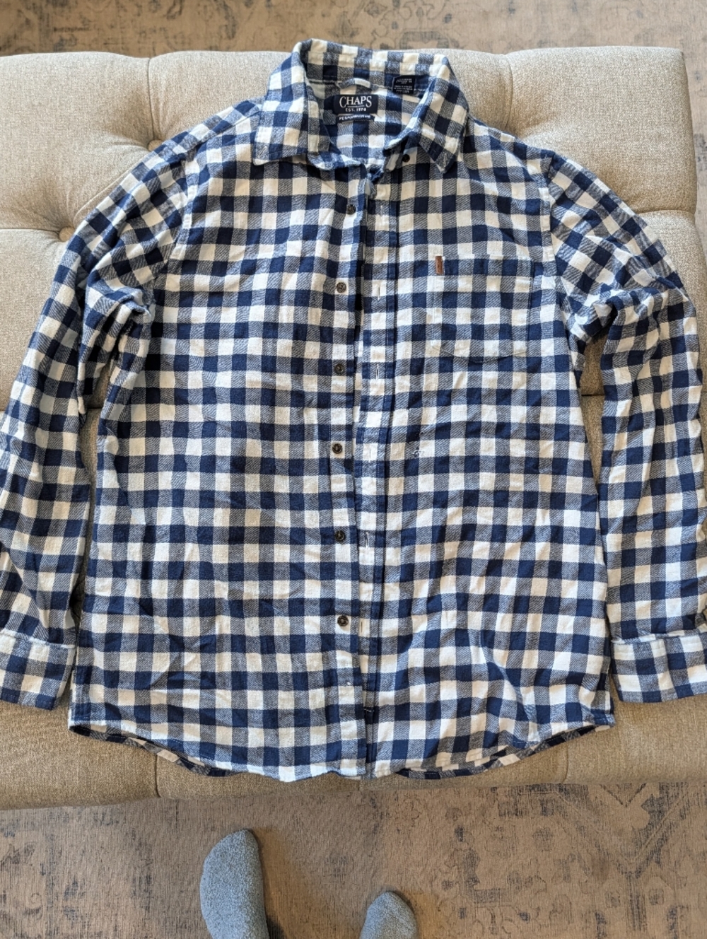 Chaps Blue and White Check Cotton Button-Down Shirt